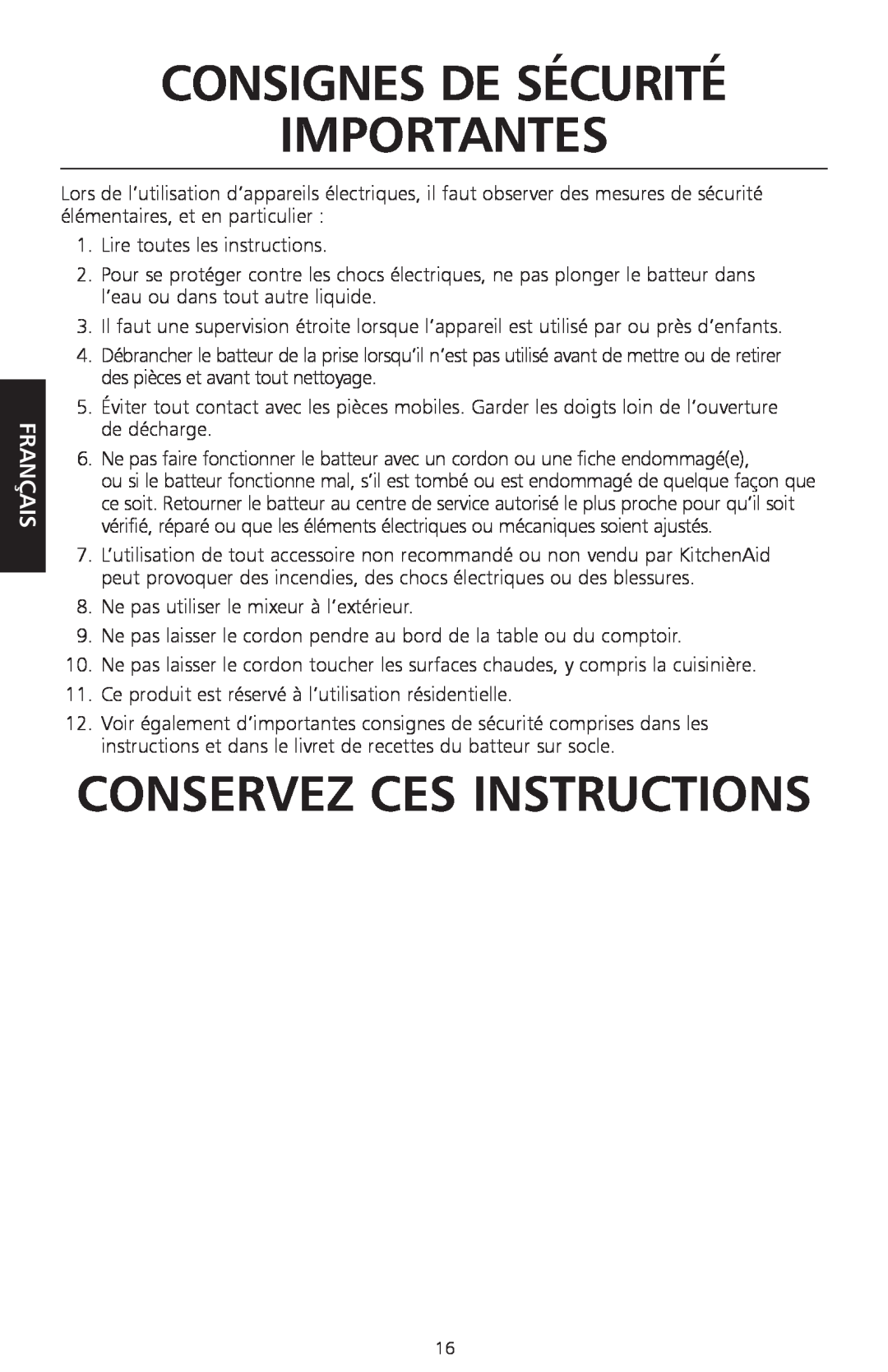 KitchenAid KPEX manual Consignes De Sécurité Importantes, Conservez Ces Instructions, Français 