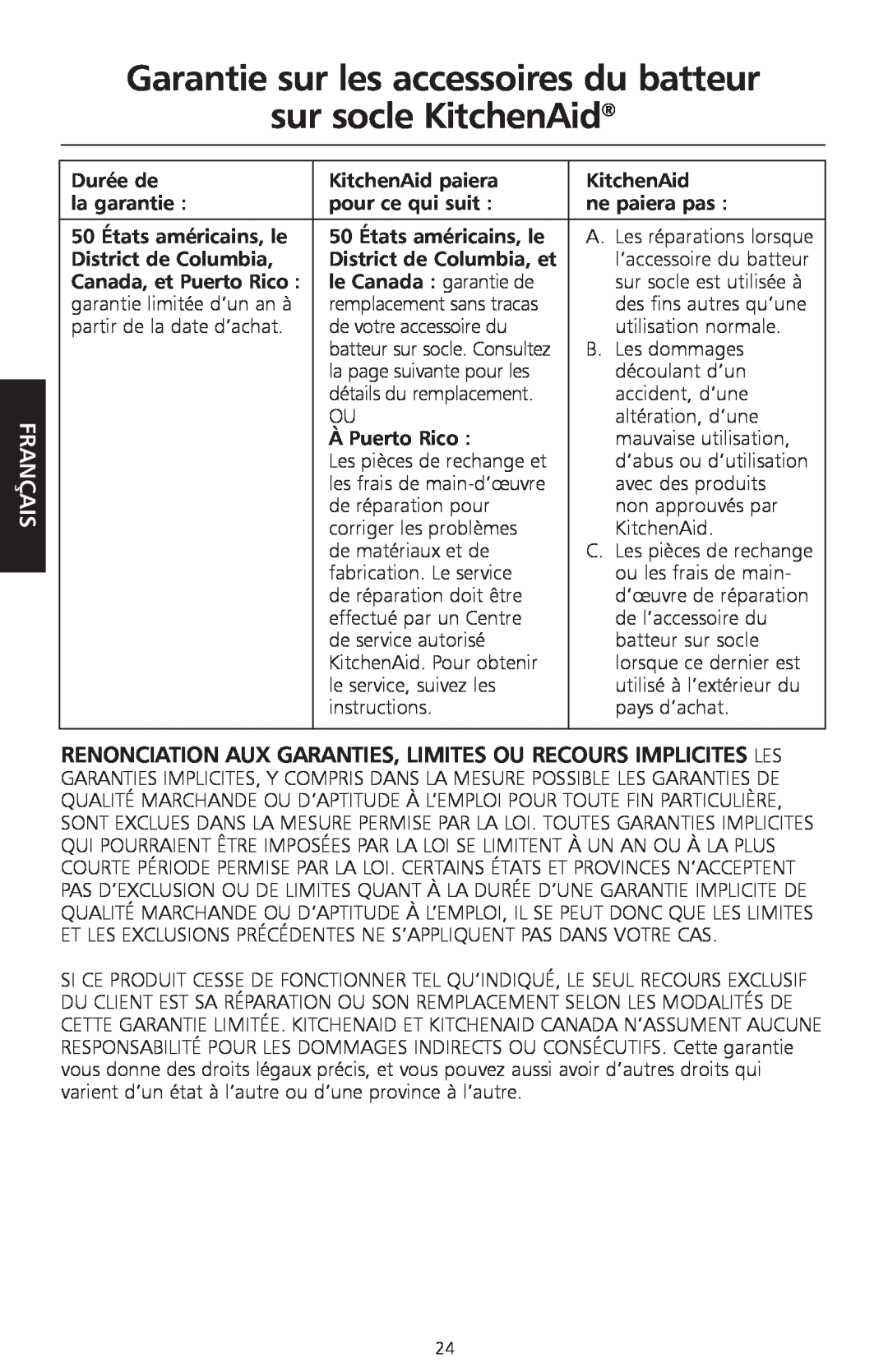 KitchenAid KPEX manual Garantie sur les accessoires du batteur sur socle KitchenAid 
