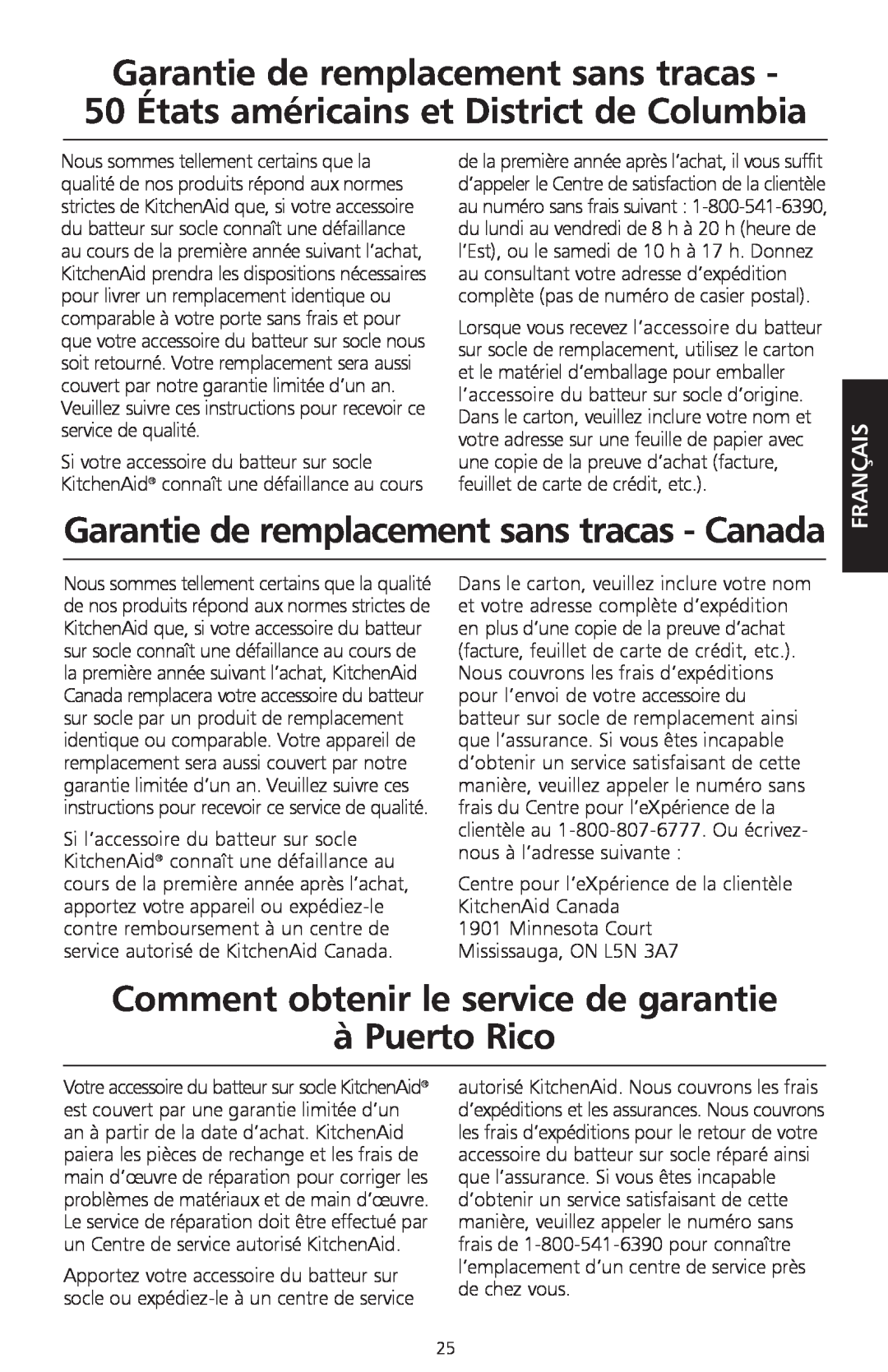 KitchenAid KPEX manual Garantie de remplacement sans tracas - Canada, Comment obtenir le service de garantie à Puerto Rico 