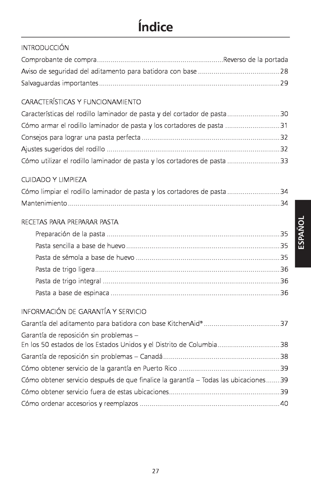KitchenAid KPEX manual Índice, Español 