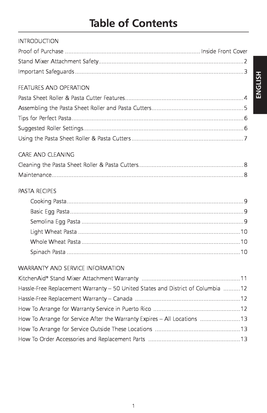 KitchenAid KPEX manual Table of Contents, English 