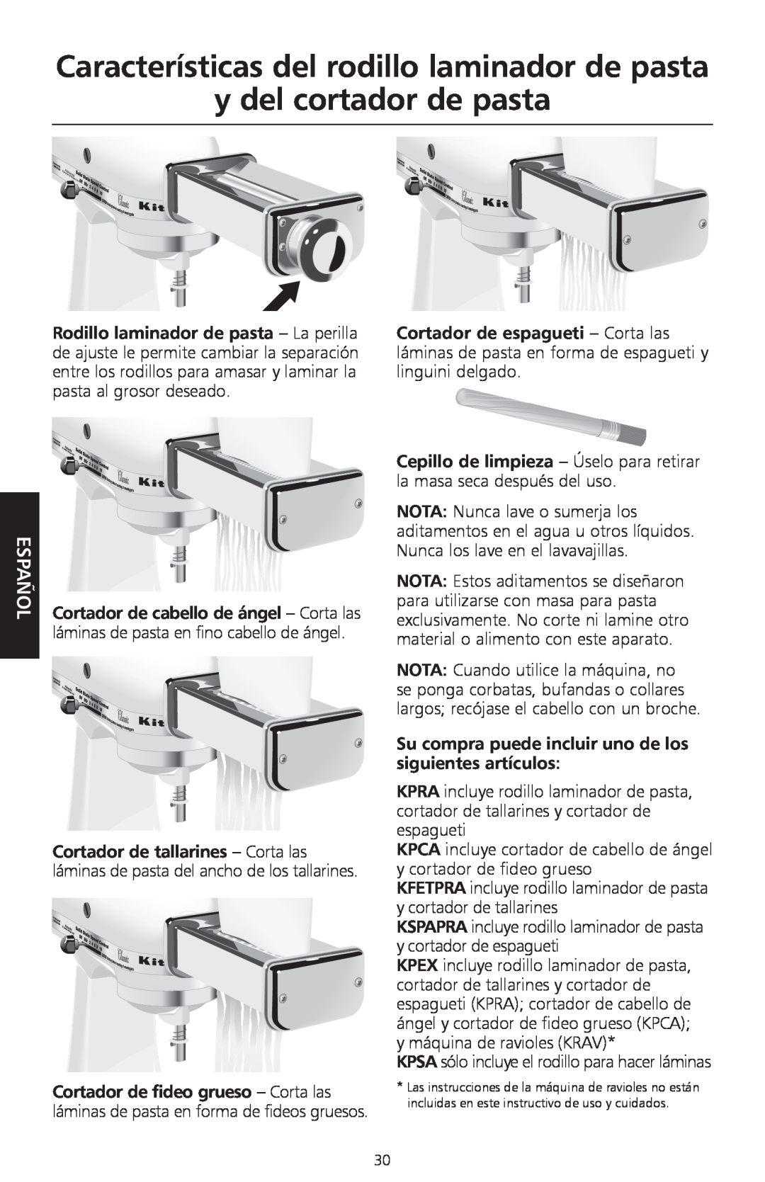 KitchenAid KPEX manual Características del rodillo laminador de pasta, y del cortador de pasta, Español 