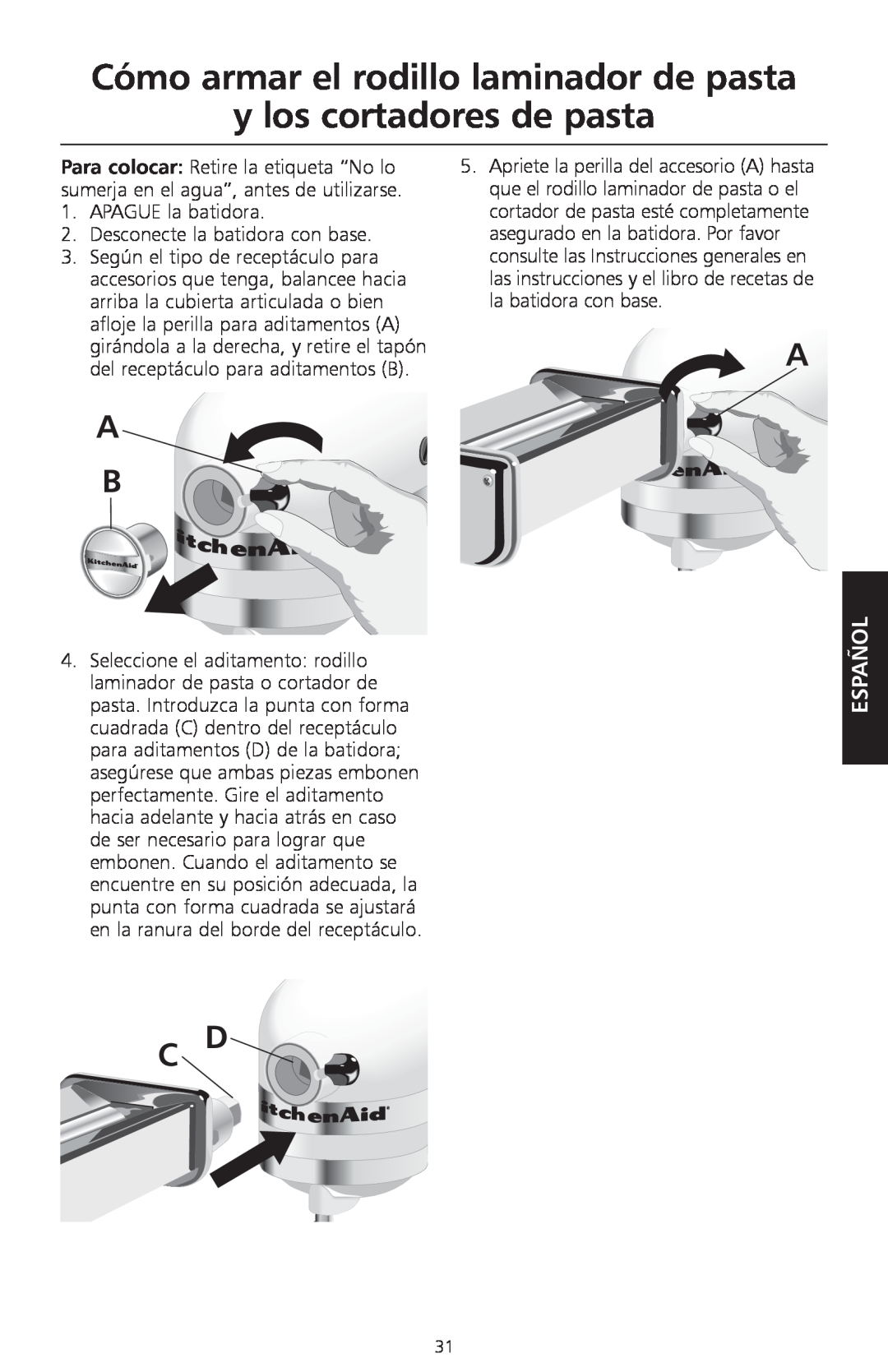 KitchenAid KPEX manual Cómo armar el rodillo laminador de pasta y los cortadores de pasta, Español 