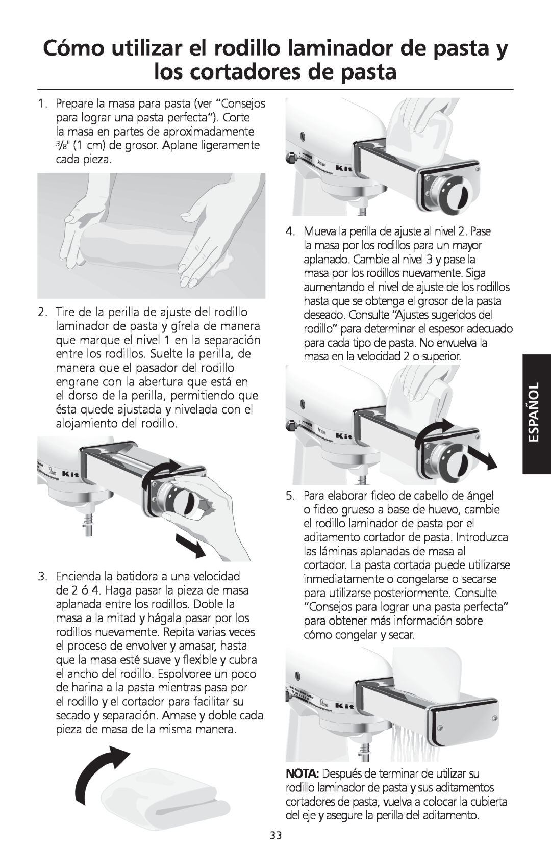 KitchenAid KPEX manual Cómo utilizar el rodillo laminador de pasta y los cortadores de pasta, Español 