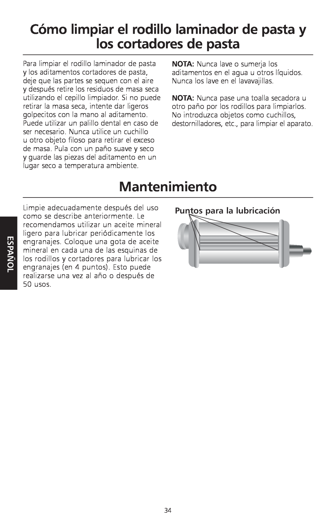 KitchenAid KPEX manual Cómo limpiar el rodillo laminador de pasta y los cortadores de pasta, Mantenimiento, Español 