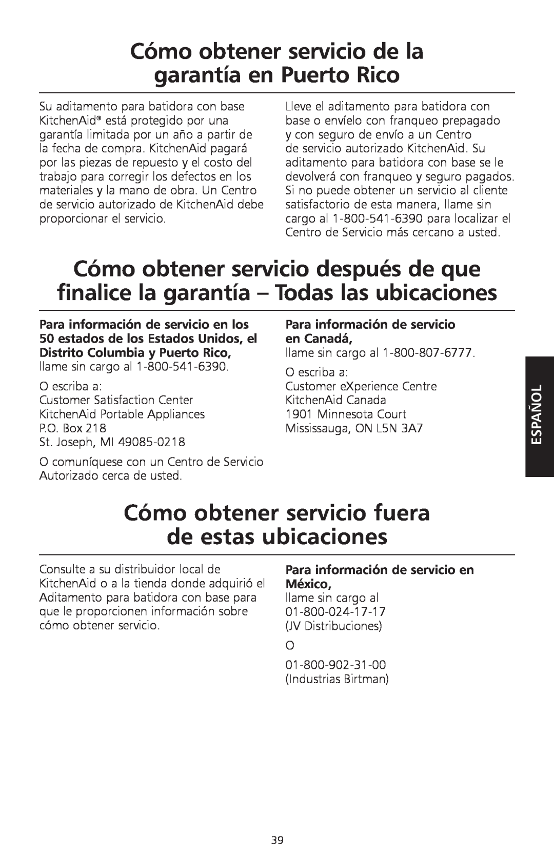 KitchenAid KPEX Cómo obtener servicio de la garantía en Puerto Rico, Cómo obtener servicio fuera de estas ubicaciones 