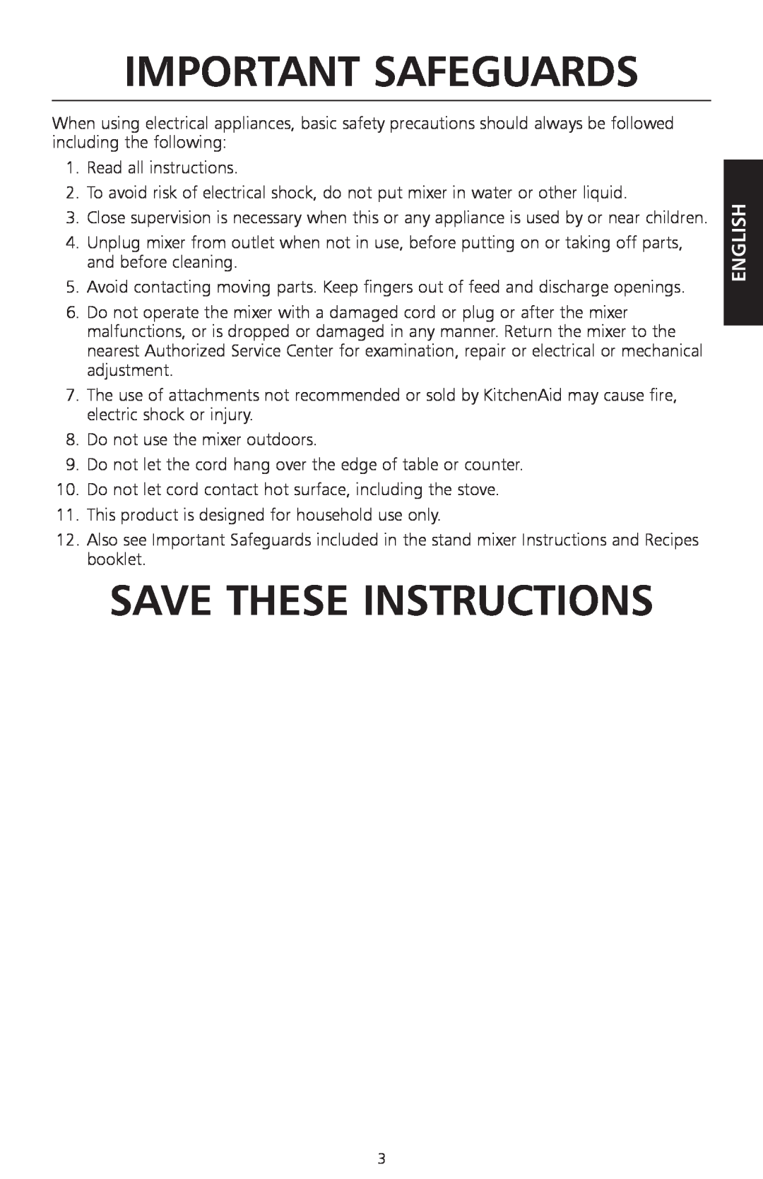 KitchenAid KPEX manual Important Safeguards, Save These Instructions, English 