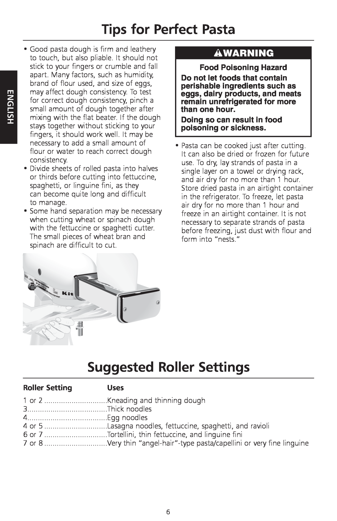 KitchenAid KPEX manual Tips for Perfect Pasta, Suggested Roller Settings, English, Uses 