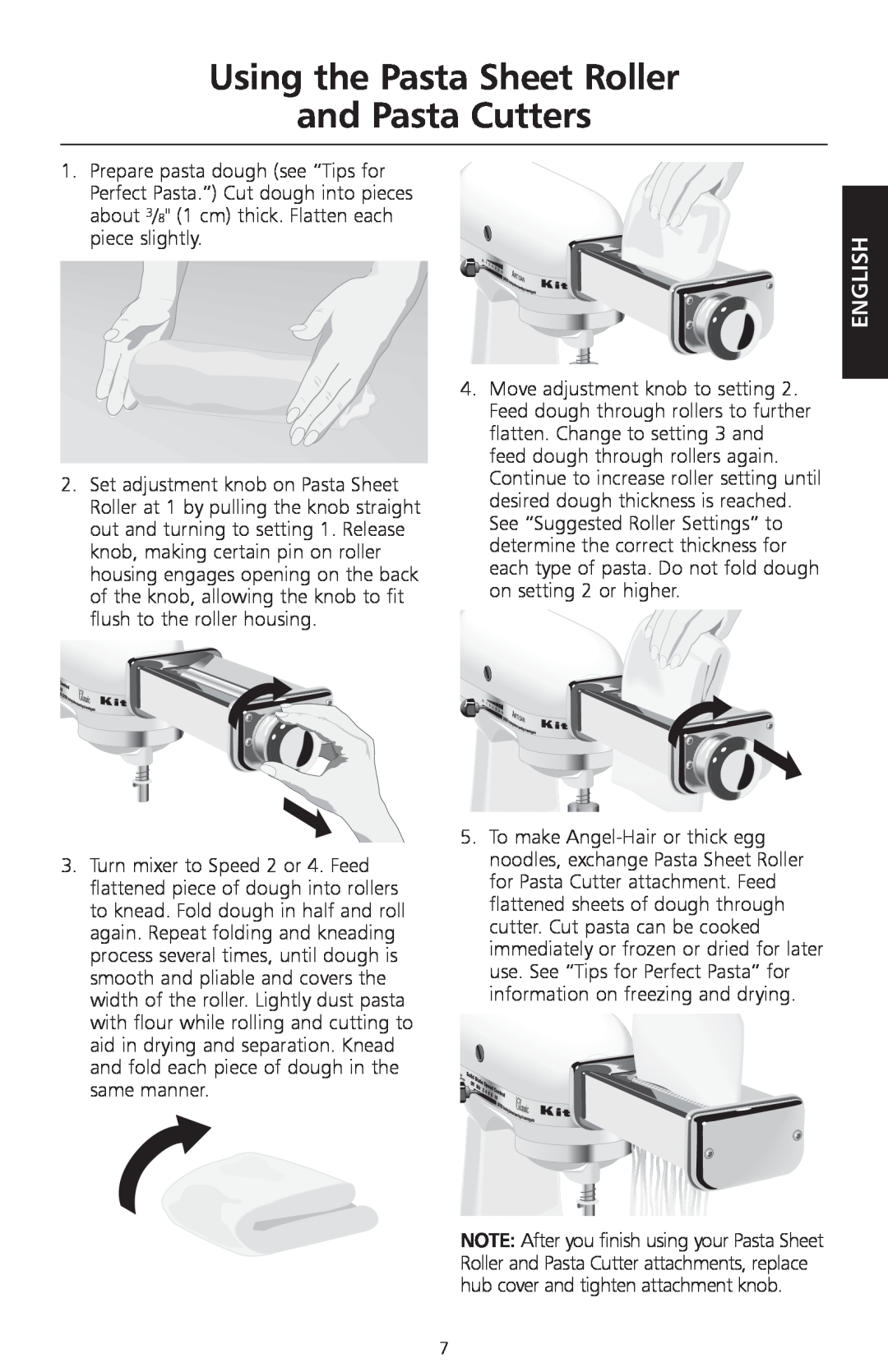 KitchenAid KPEX manual Using the Pasta Sheet Roller and Pasta Cutters, English 