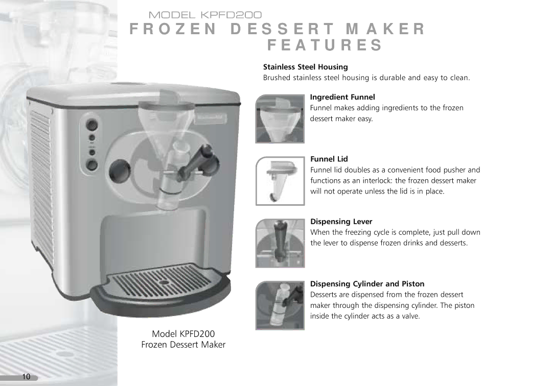 KitchenAid KPFD200, 165 manual Frozen Dessert Maker Features, Funnel Lid 