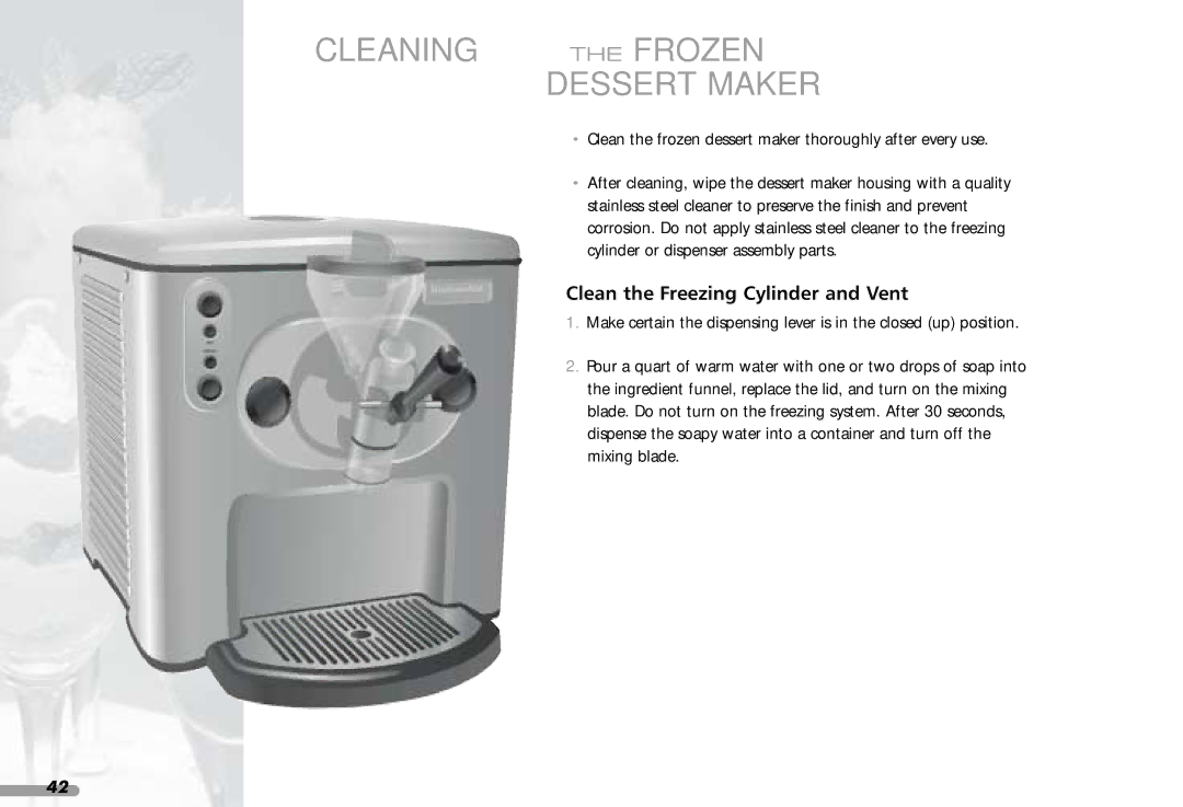 KitchenAid 165, KPFD200 manual Cleaning the Frozen Dessert Maker, Clean the Freezing Cylinder and Vent 