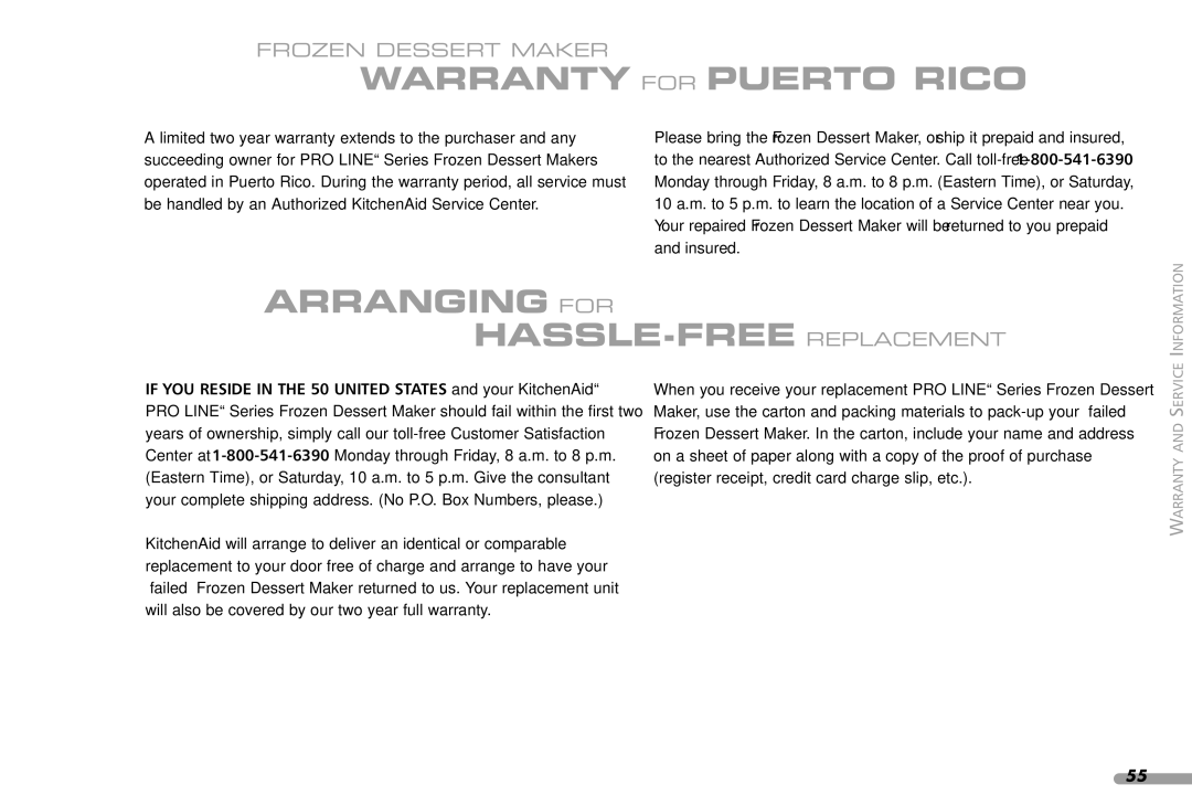 KitchenAid KPFD200, Frozen Dessert Maker, 165 manual Warranty for Puerto Rico, Arranging for HASSLE-FREE Replacement 