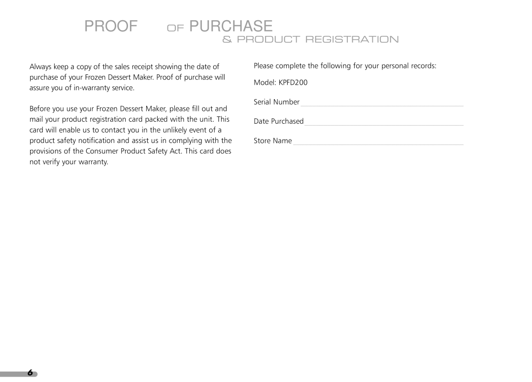 KitchenAid 165, KPFD200, Frozen Dessert Maker manual Proof of Purchase, Product Registration 