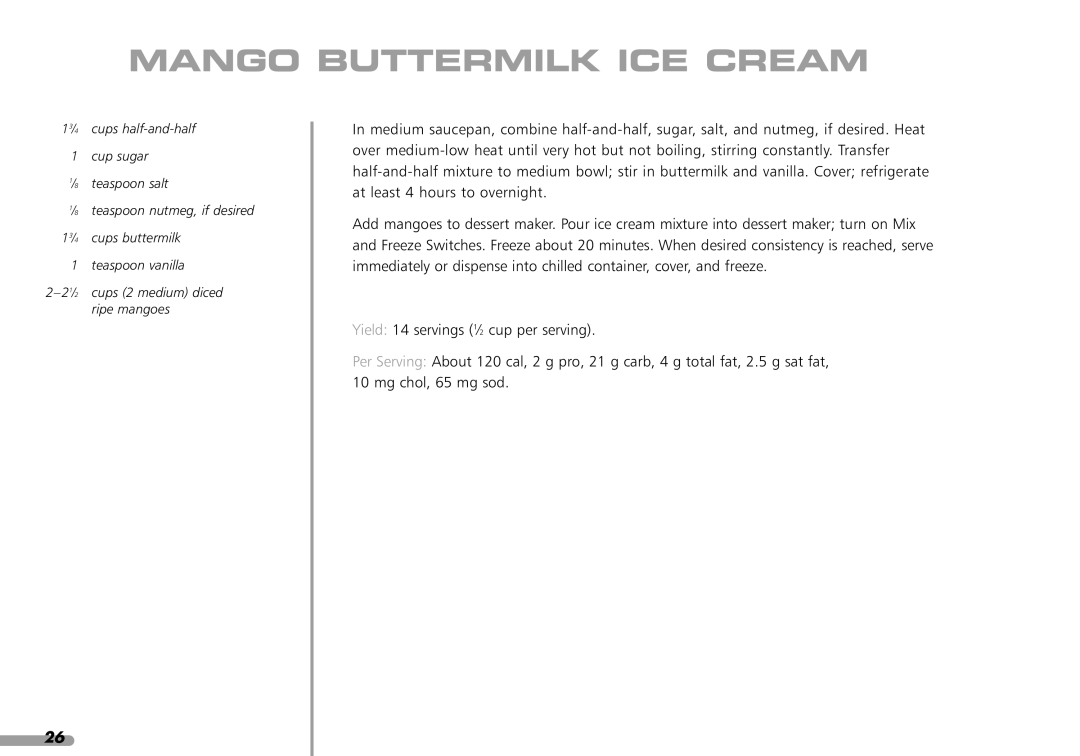 KitchenAid KPFD200 manual Mango Buttermilk ICE Cream 