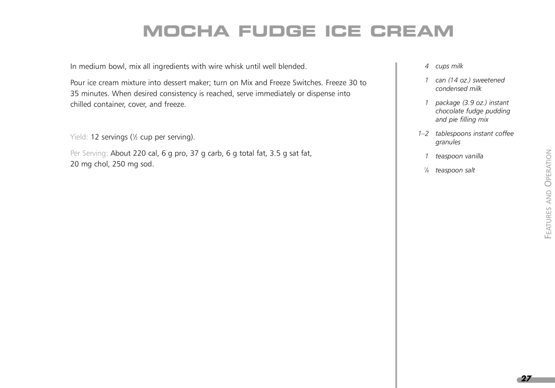 KitchenAid KPFD200 manual Mocha Fudge ICE Cream, Cups milk 