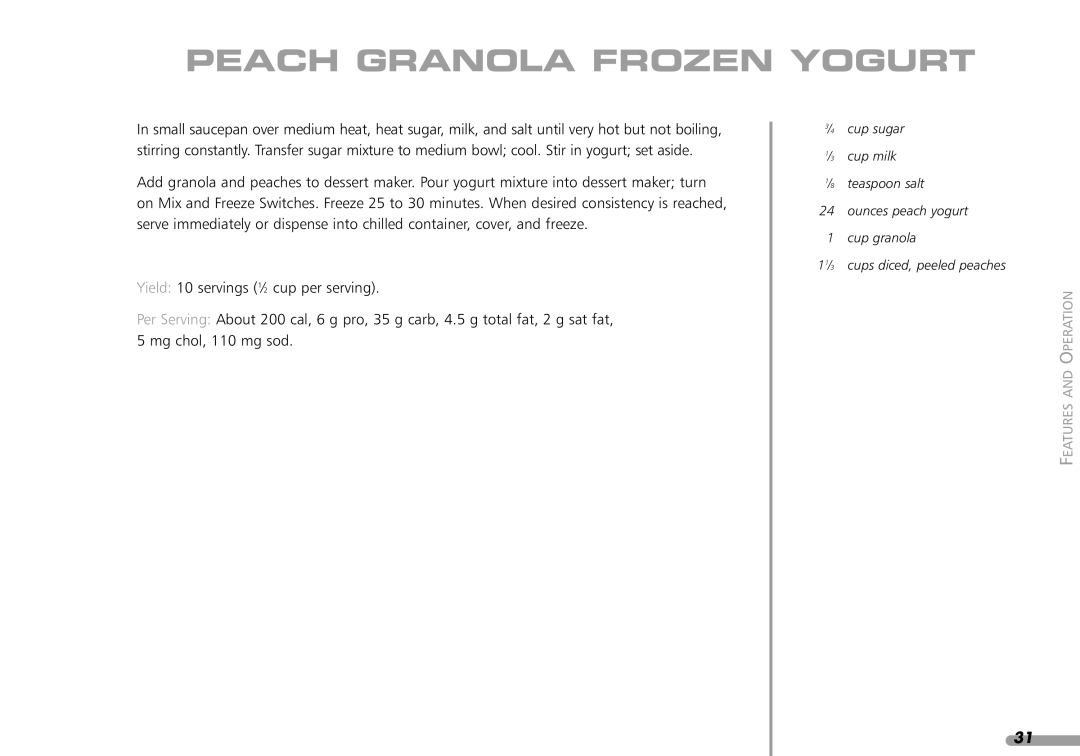 KitchenAid KPFD200 manual Peach Granola Frozen Yogurt 