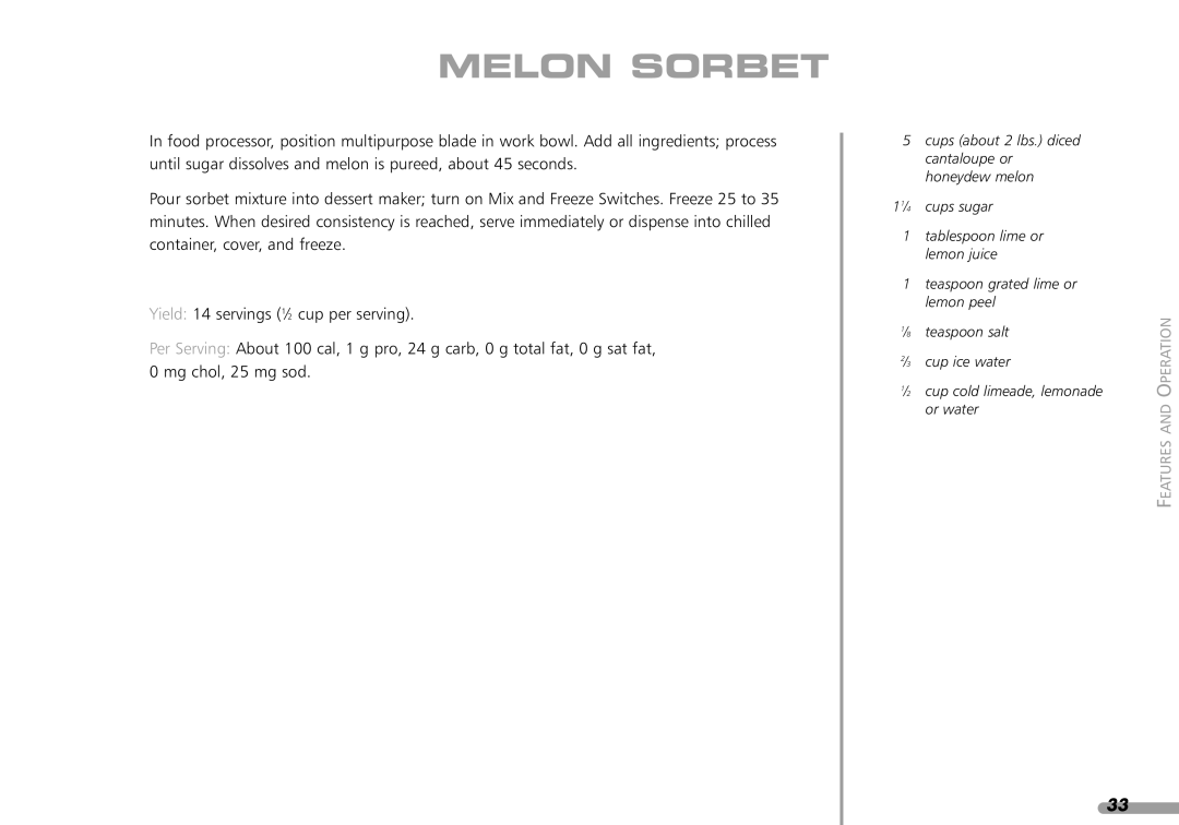 KitchenAid KPFD200 manual Melon Sorbet 