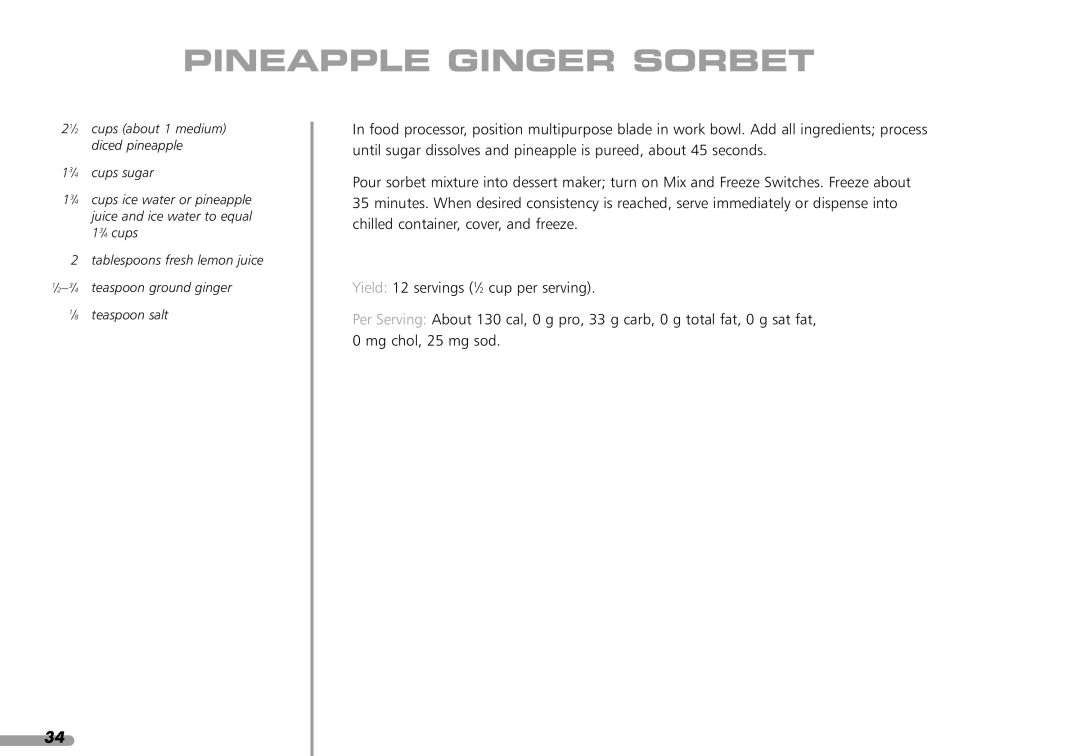 KitchenAid KPFD200 manual Pineapple Ginger Sorbet 