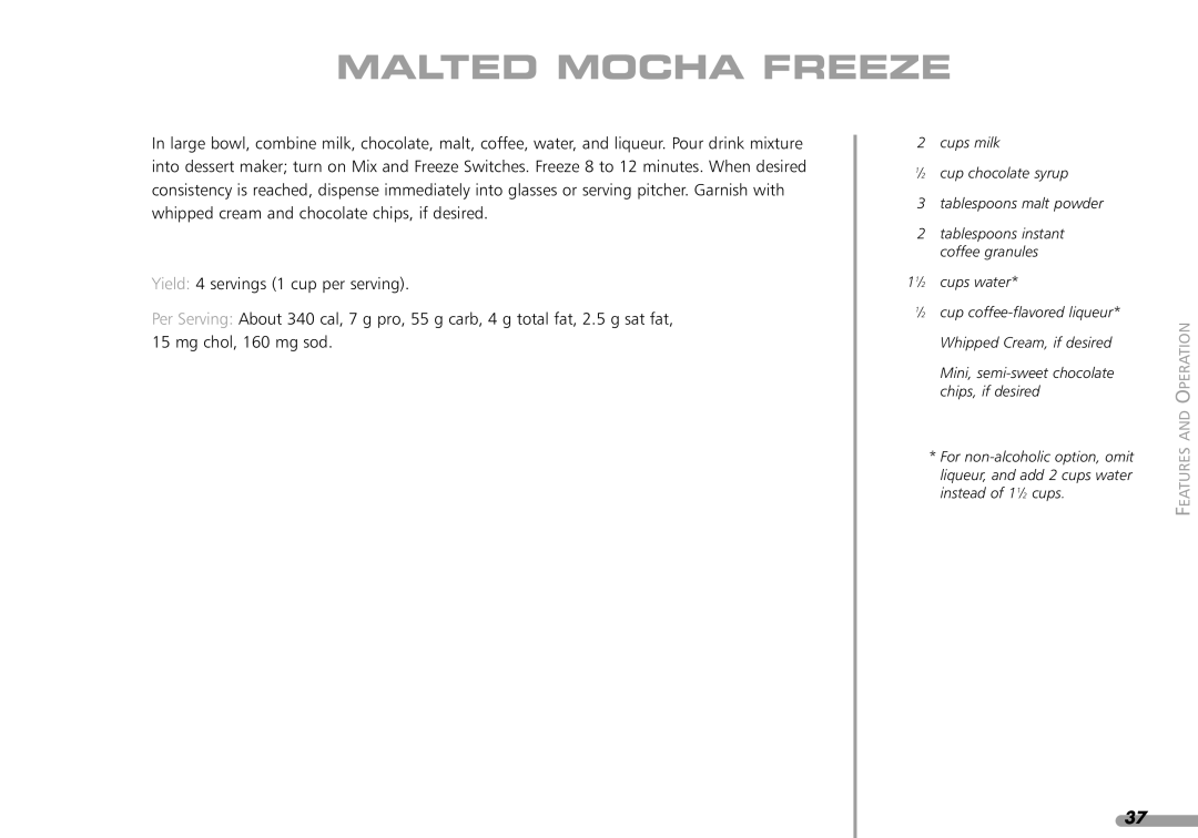 KitchenAid KPFD200 manual Malted Mocha Freeze 