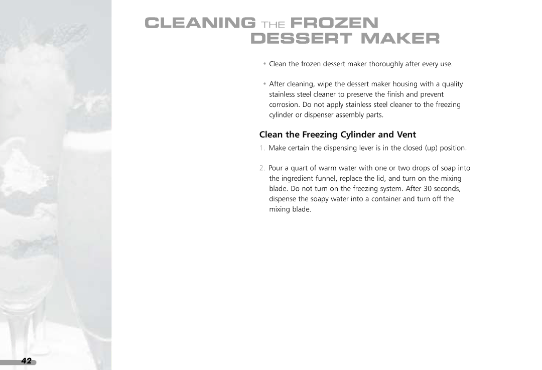 KitchenAid KPFD200 manual Cleaning the Frozen Dessert Maker, Clean the Freezing Cylinder and Vent 