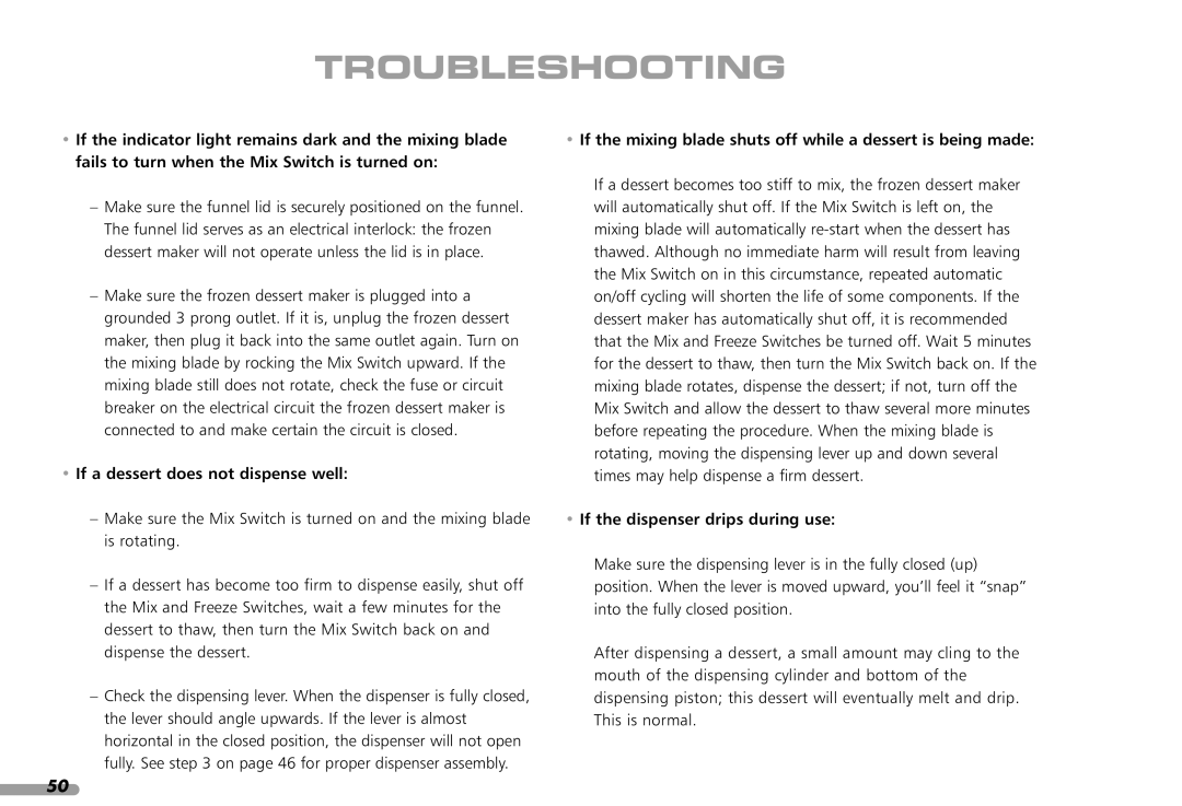 KitchenAid KPFD200 manual Troubleshooting, If a dessert does not dispense well 