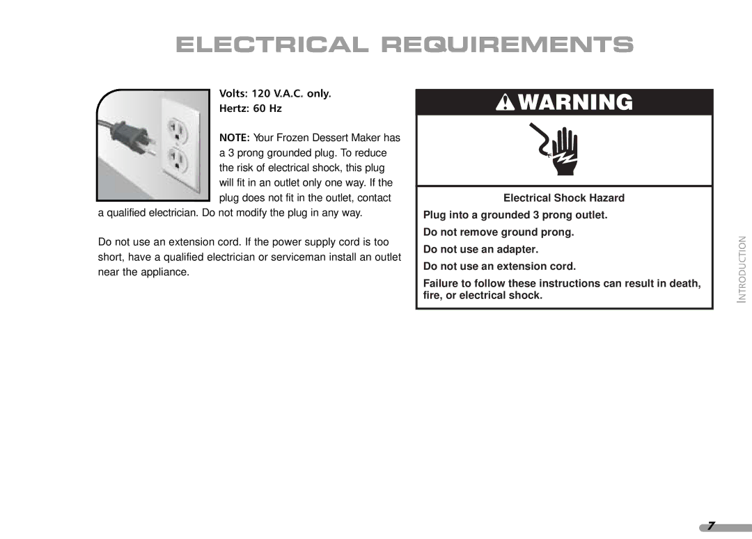 KitchenAid KPFD200 manual Electrical Requirements, Volts 120 V.A.C. only Hertz 60 Hz 