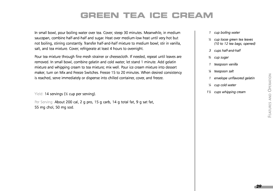 KitchenAid KPFD200 manual Green Tea Ice Cream, Perationo 