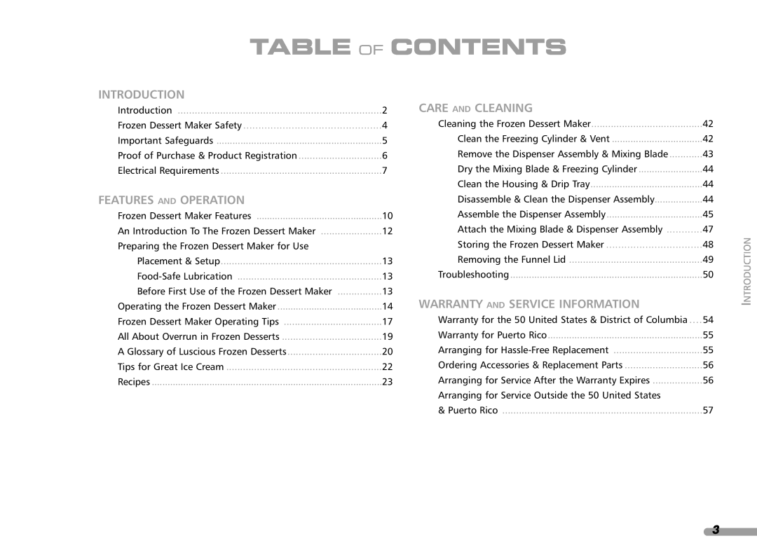 KitchenAid KPFD200 Table Of Contents, Frozen Dessert Maker Safety, Introduction, Features And Operation, Care And Cleaning 