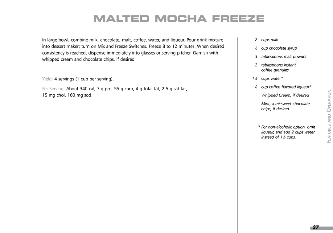 KitchenAid KPFD200 manual Malted Mocha Freeze, tablespoons instant coffee granules 