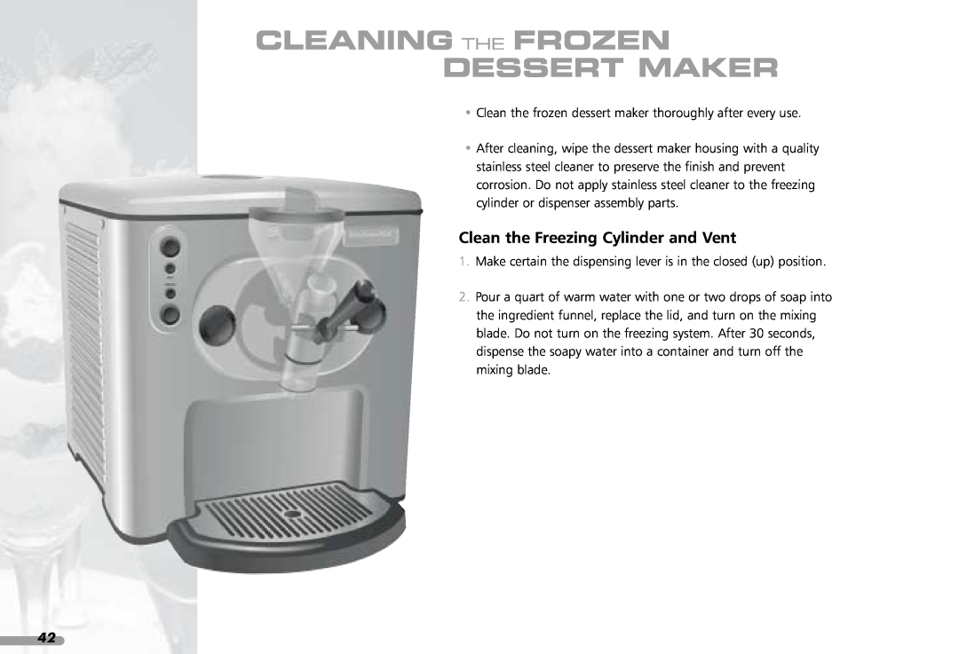 KitchenAid KPFD200 manual Cleaning The Frozen Dessert Maker, Clean the Freezing Cylinder and Vent 