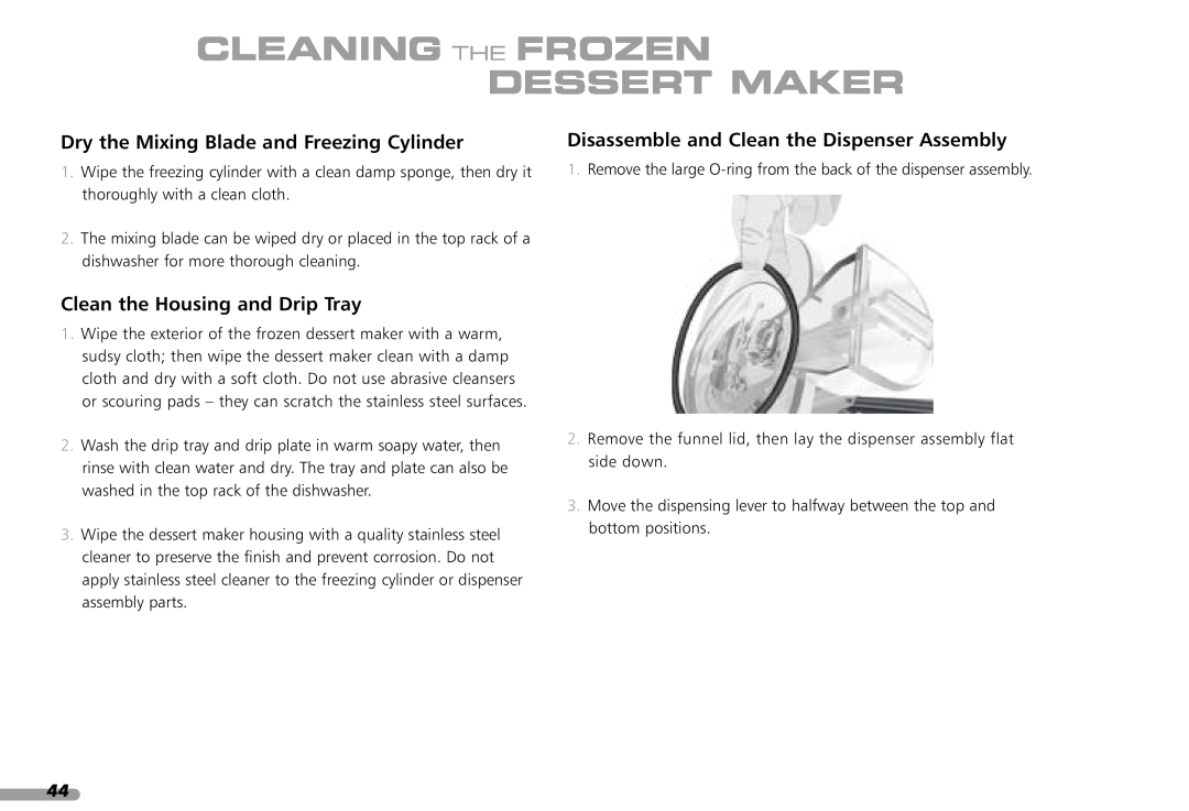 KitchenAid KPFD200 manual Dry the Mixing Blade and Freezing Cylinder, Clean the Housing and Drip Tray 
