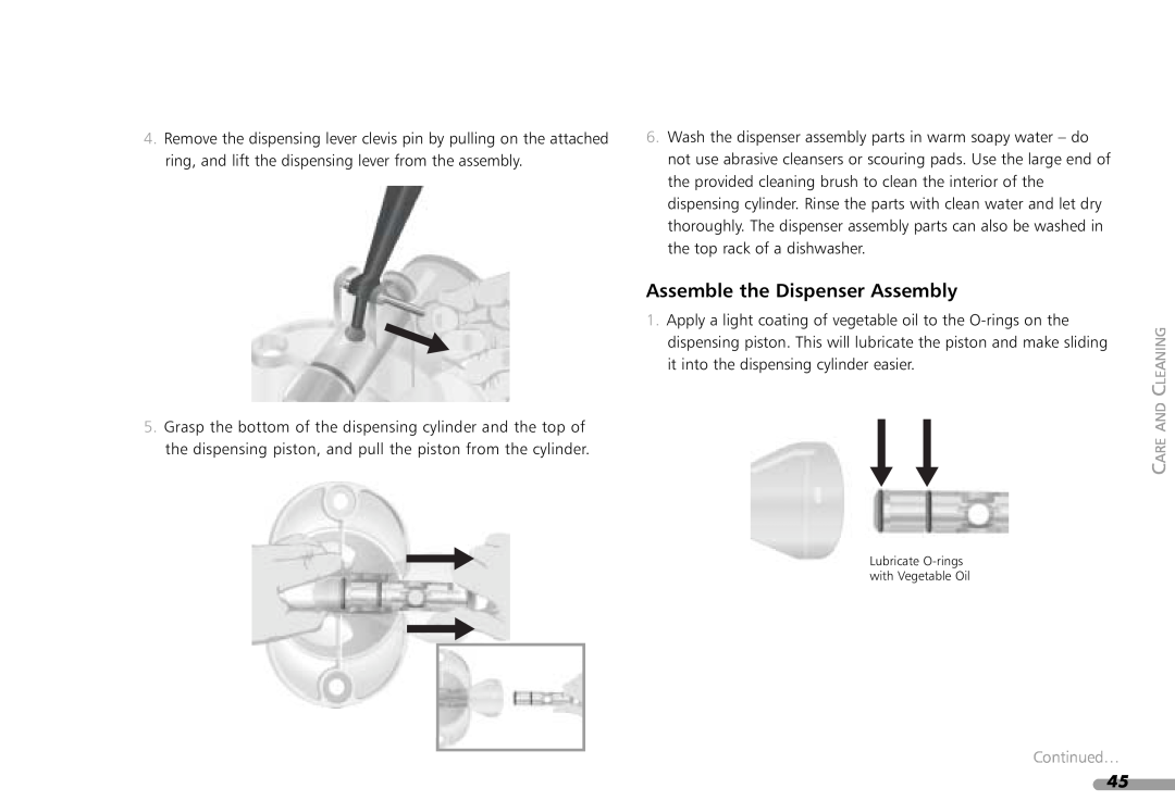 KitchenAid KPFD200 manual Assemble the Dispenser Assembly, Continued…, Lubricate O-rings with Vegetable Oil 