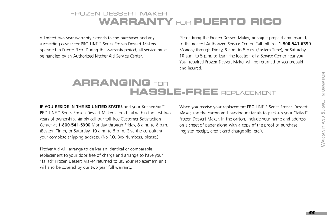 KitchenAid KPFD200 manual Warranty For Puerto Rico, Arranging For Hassle-Free Replacement, Frozen Dessert Maker 