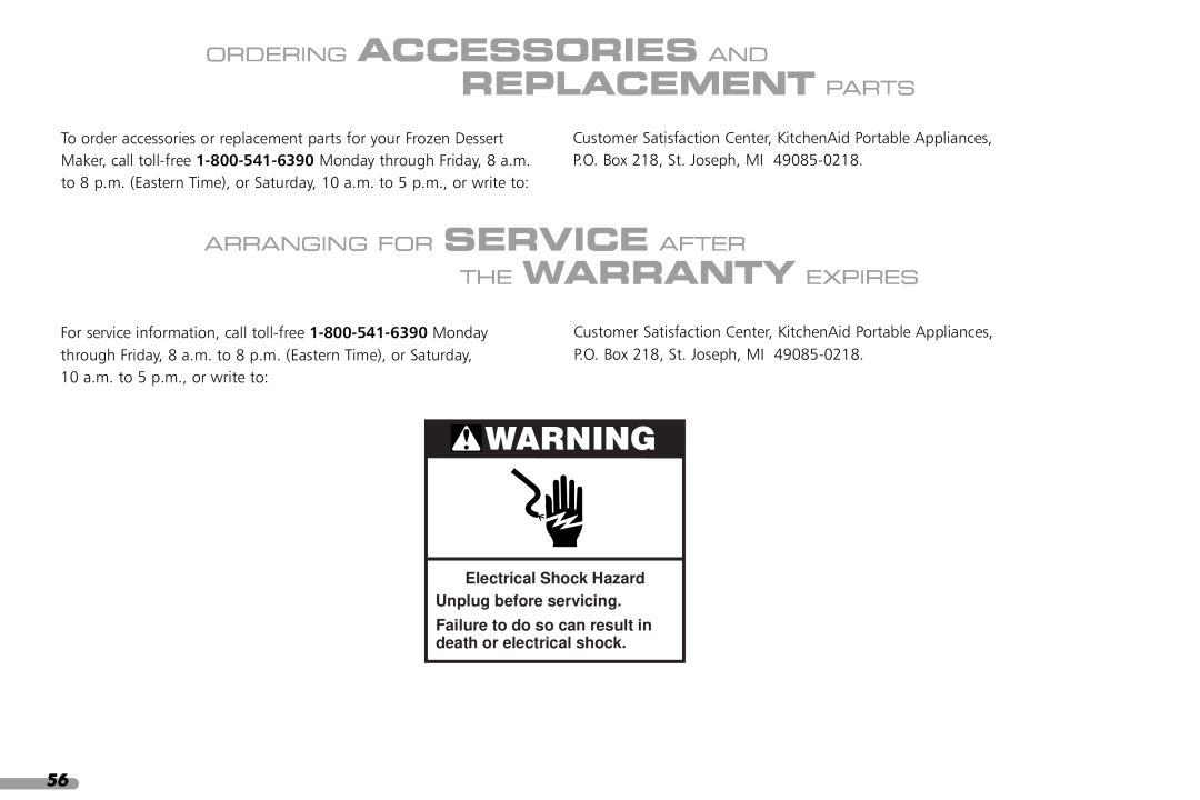 KitchenAid KPFD200 manual Replacement Parts, Ordering Accessories And, Arranging For Service After The Warranty Expires 