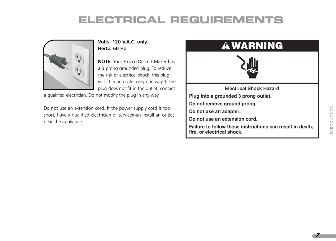 KitchenAid KPFD200 manual Electrical Requirements, Volts 120 V.A.C. only Hertz 60 Hz, Do not use an extension cord 
