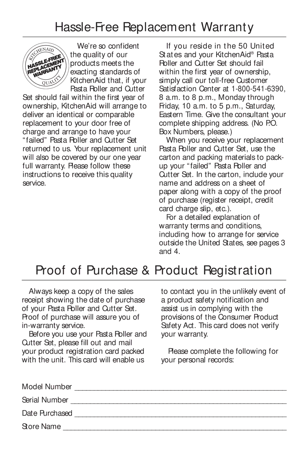 KitchenAid KPRA manual Hassle-Free Replacement Warranty, Proof of Purchase & Product Registration 