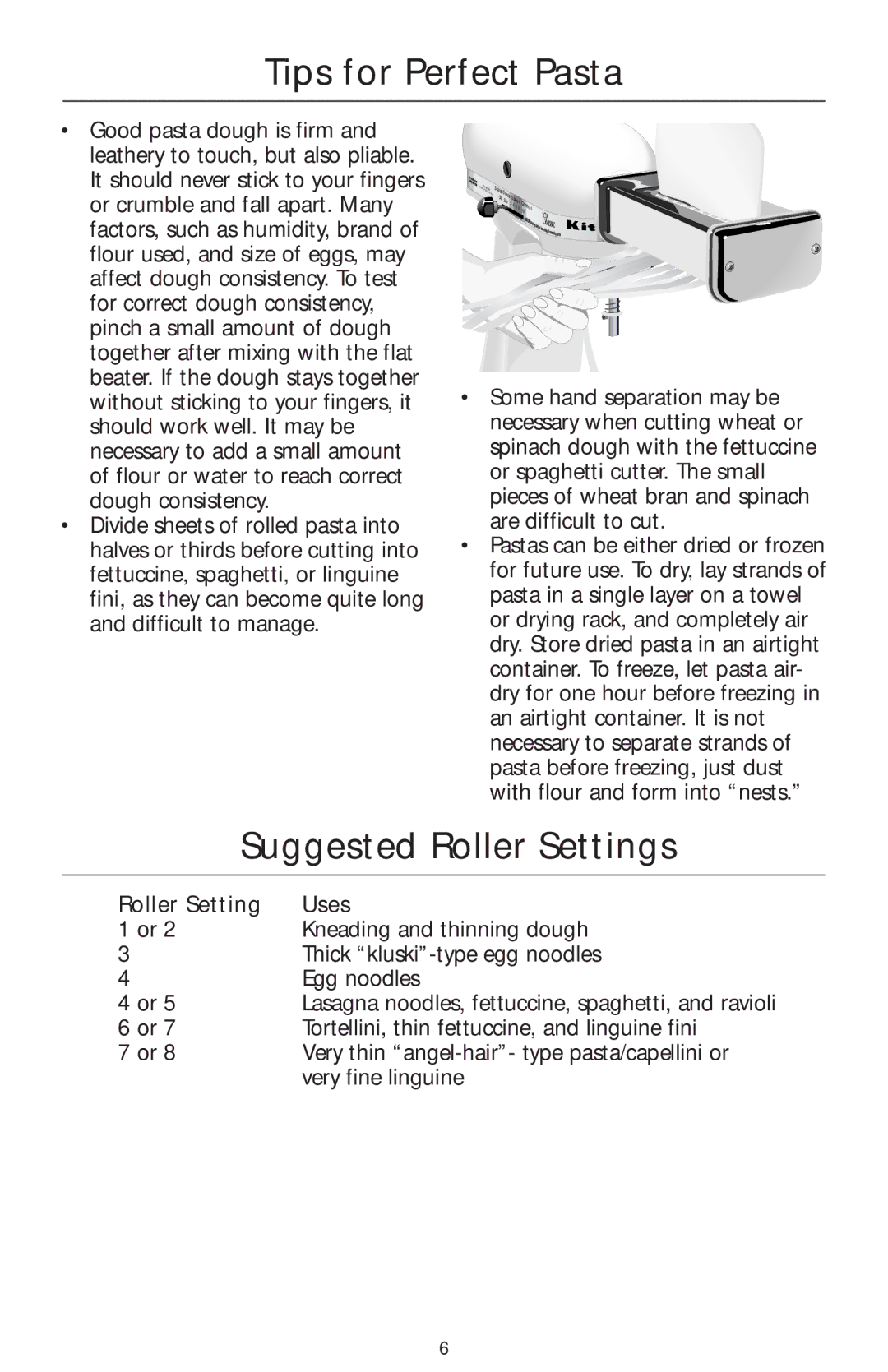 KitchenAid KPRA manual Tips for Perfect Pasta, Suggested Roller Settings 