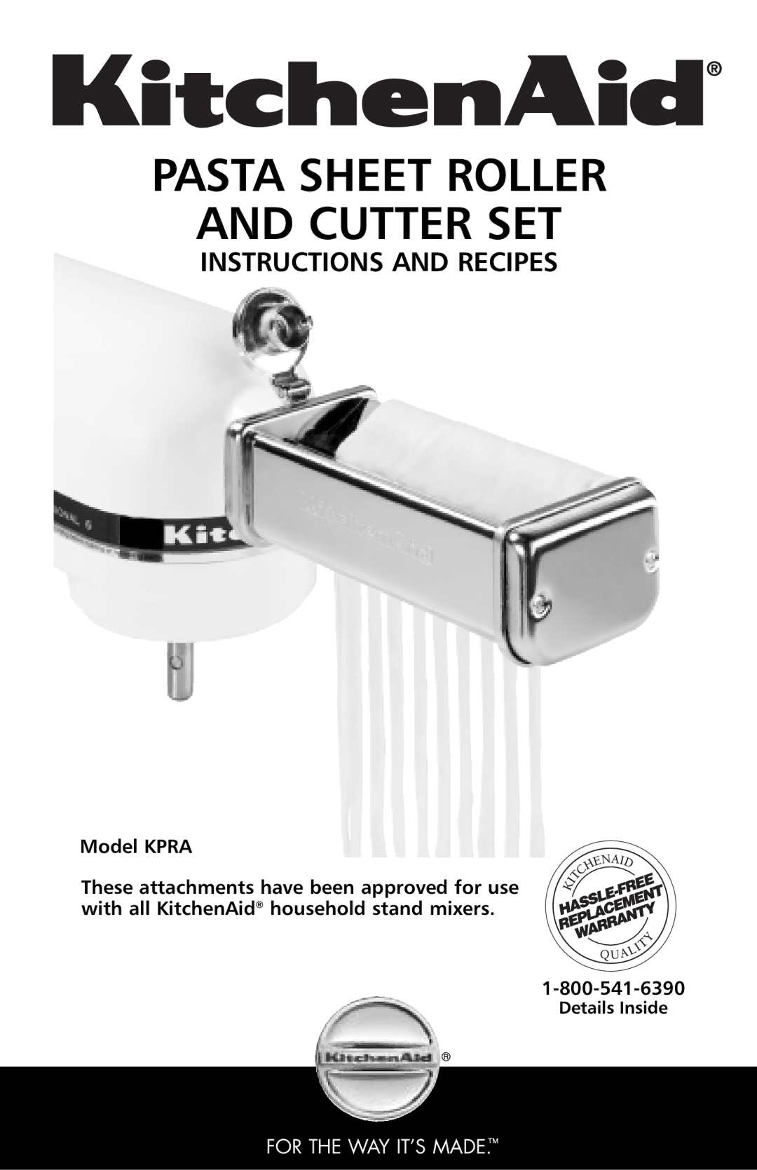 KitchenAid KPRA manual Pasta Sheet Roller Cutter SET 