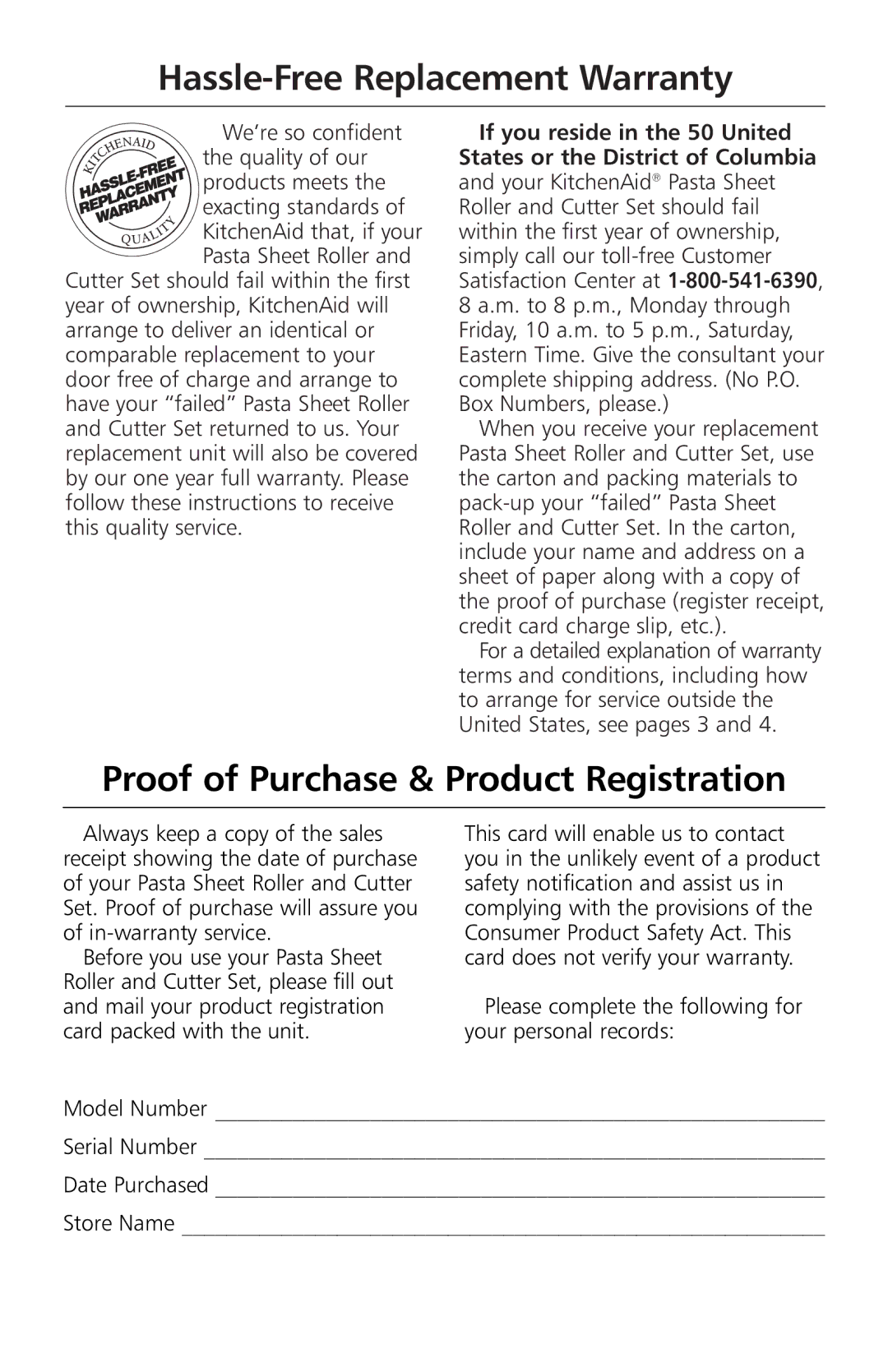 KitchenAid KPRA manual Hassle-Free Replacement Warranty, Proof of Purchase & Product Registration 