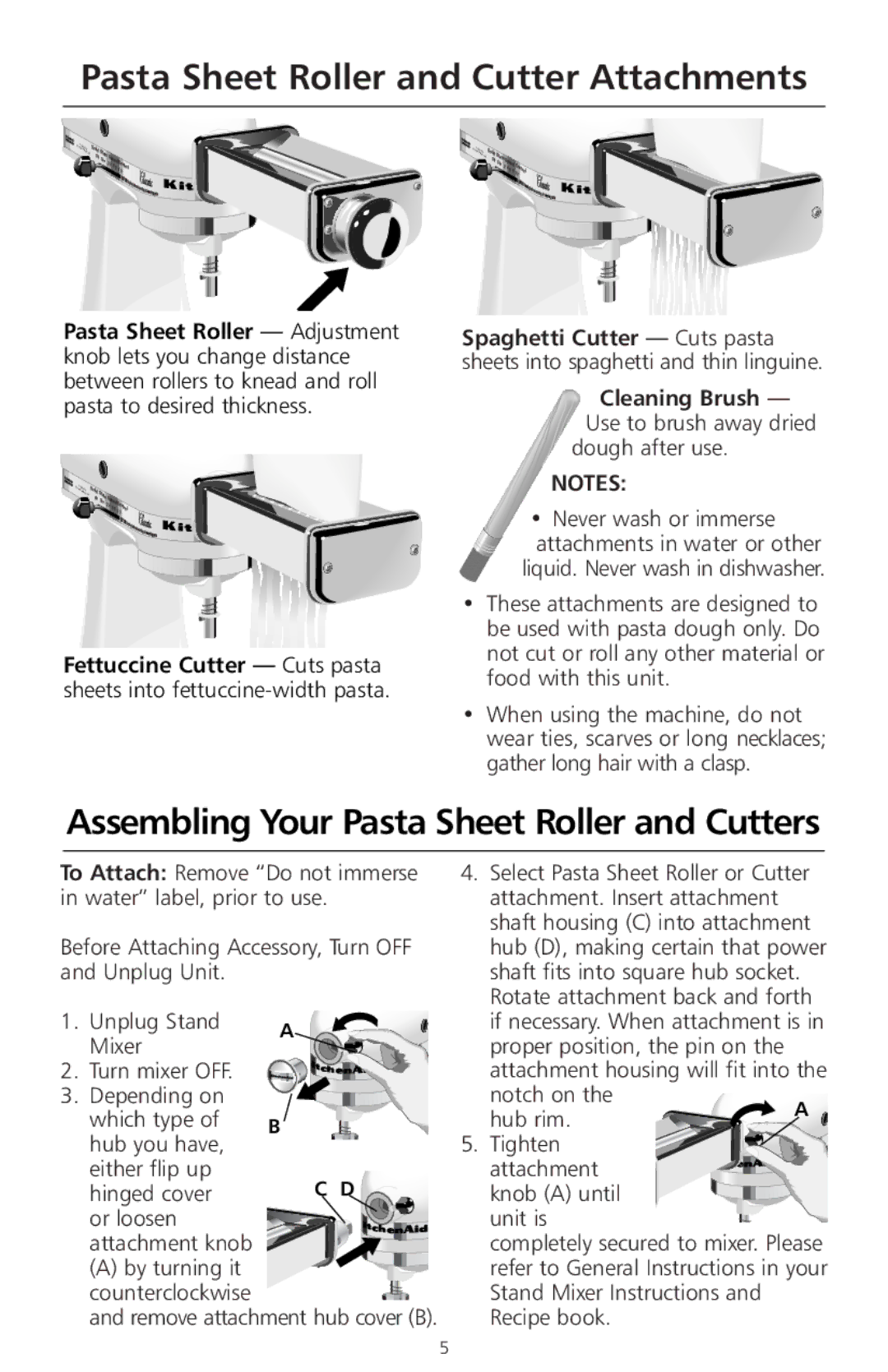 KitchenAid KPRA manual Pasta Sheet Roller and Cutter Attachments, Cleaning Brush 