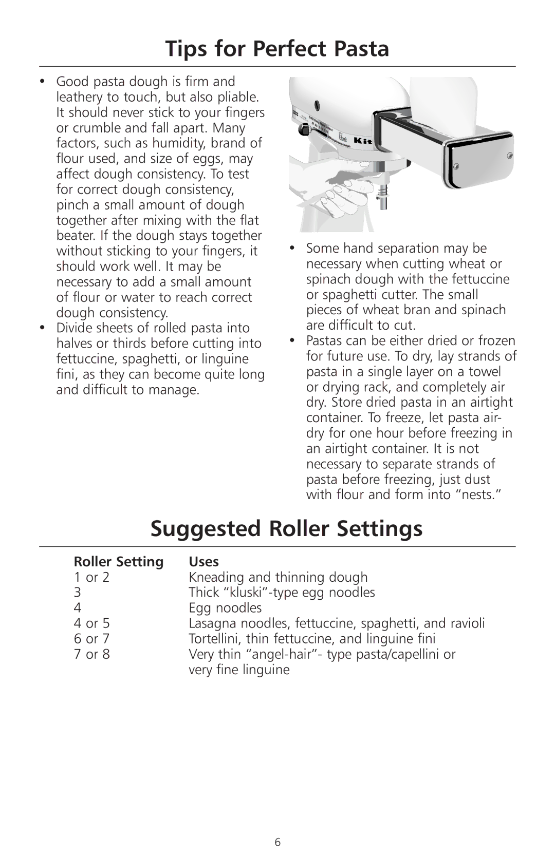 KitchenAid KPRA manual Tips for Perfect Pasta, Suggested Roller Settings 