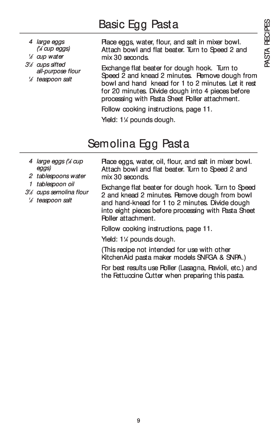 KitchenAid KPRA manual Basic Egg Pasta, Semolina Egg Pasta, Recipes 