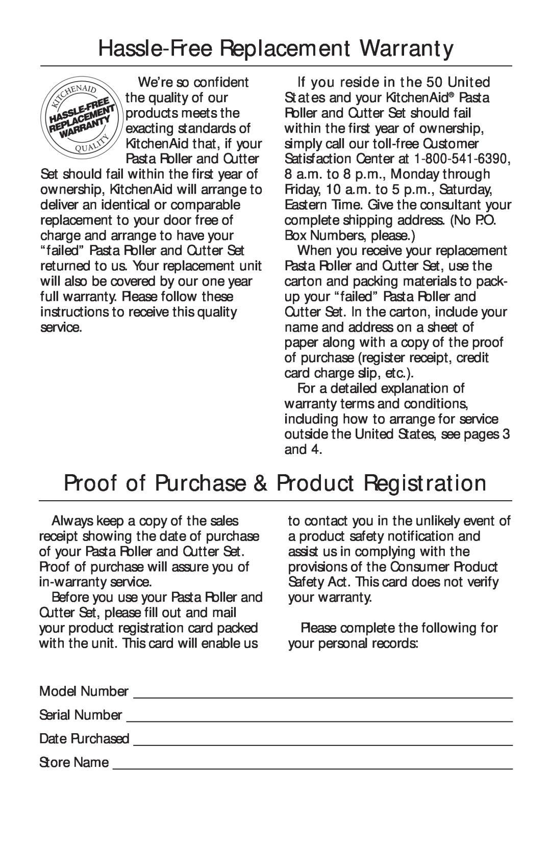 KitchenAid KPRA manual Hassle-Free Replacement Warranty, Proof of Purchase & Product Registration 