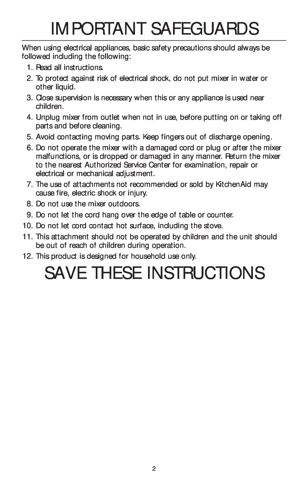 KitchenAid KPRA manual Important Safeguards, Save These Instructions 