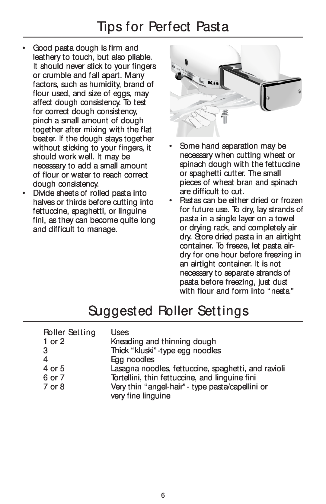 KitchenAid KPRA manual Tips for Perfect Pasta, Suggested Roller Settings, Uses 