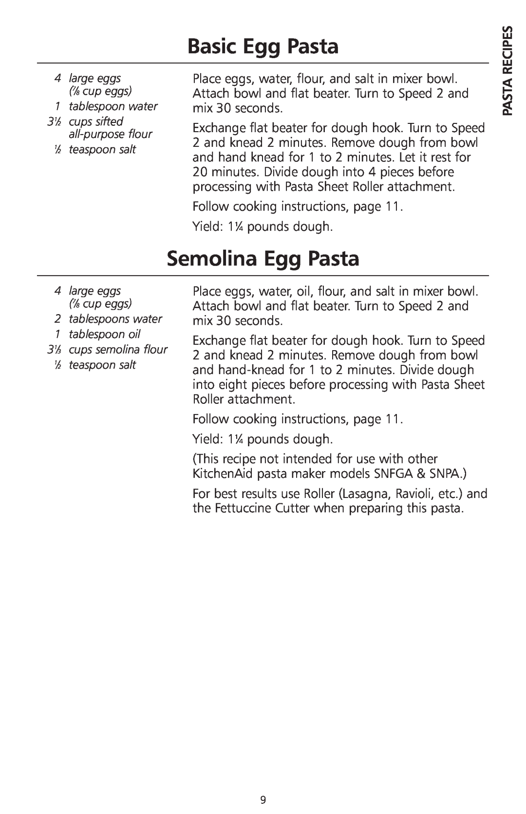 KitchenAid KPRA manual Basic Egg Pasta, Semolina Egg Pasta, Recipes 