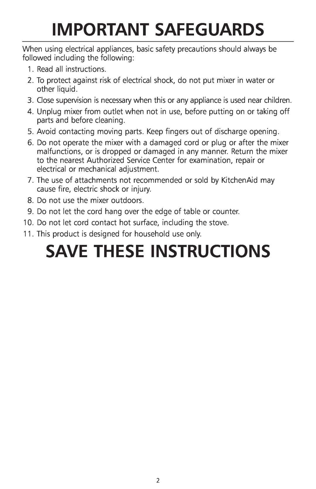 KitchenAid KPRA manual Important Safeguards, Save These Instructions 