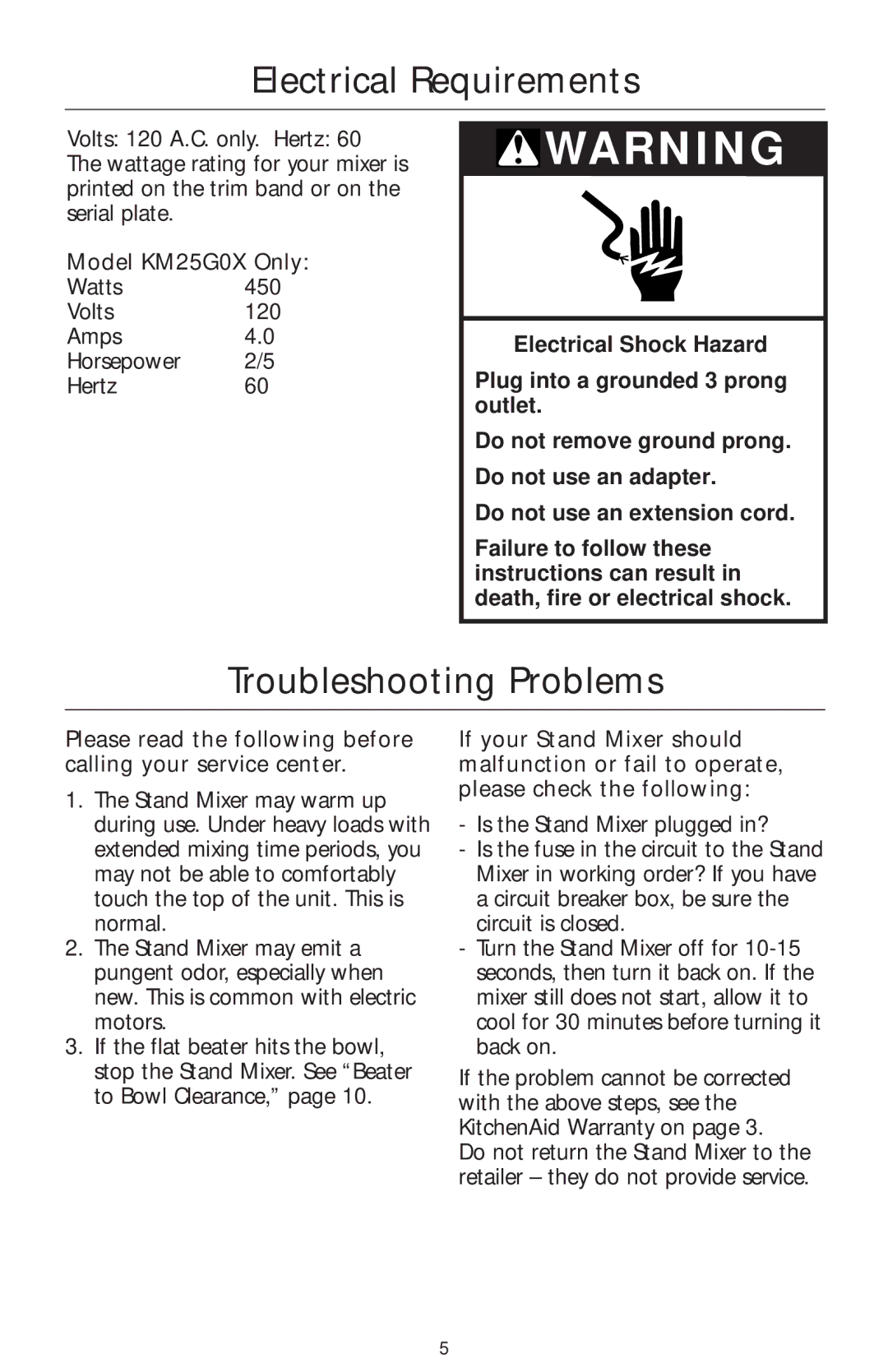 KitchenAid KPS2CL manual Electrical Requirements, Troubleshooting Problems, Model KM25G0X Only 