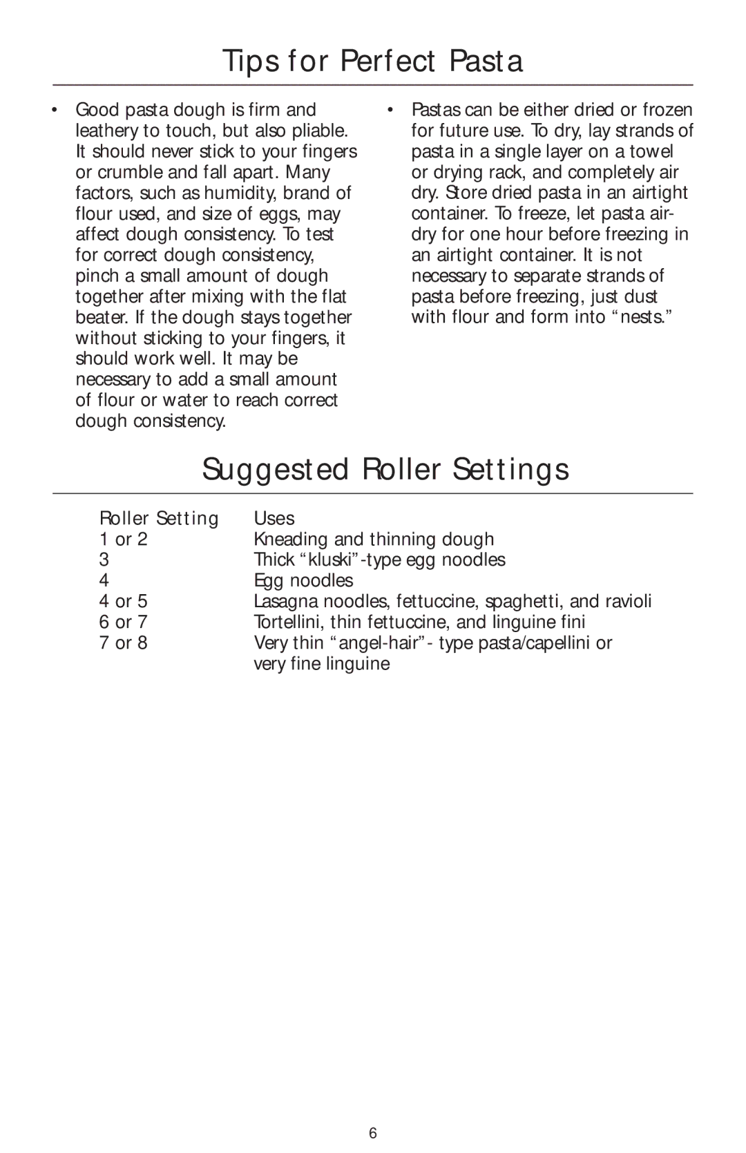 KitchenAid KPSA manual Tips for Perfect Pasta, Suggested Roller Settings 