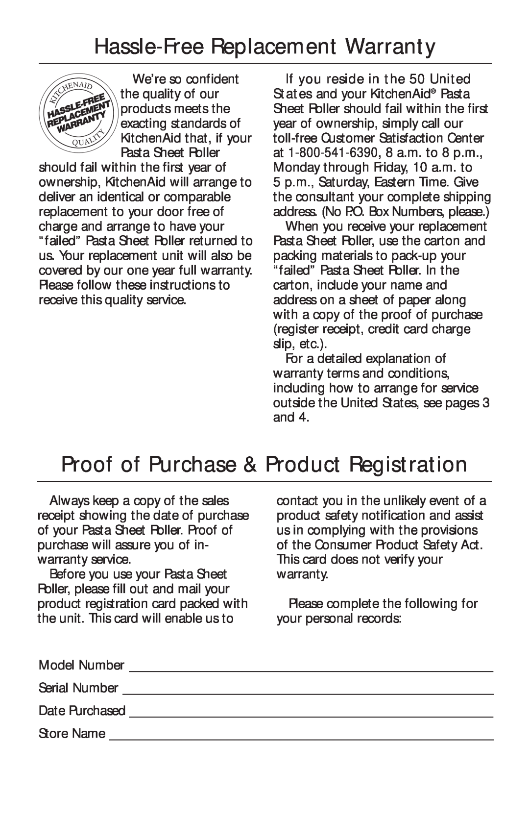 KitchenAid KPSA manual Hassle-Free Replacement Warranty, Proof of Purchase & Product Registration 